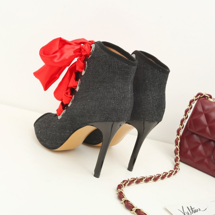 

Big Size 9 10 11 12 high heels sandals women shoes woman summer ladies Lace jeans with lace across the mouth, Black