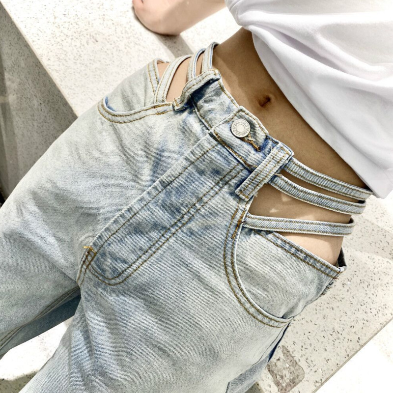 

EWQ] 2020 Summer New Simple Students High Cutout Jeans At Waist Light Blue Denim Harem Pants Korea Loose Casual Women Trousers