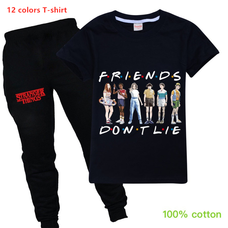 

2pcs/lot Stranger Things Kids T-shirt + Trousers Two-piece Cotton Comfortable Breathable O-Neck Short Sleeve Kids Clothing FRIENDS DONT LIE, Black