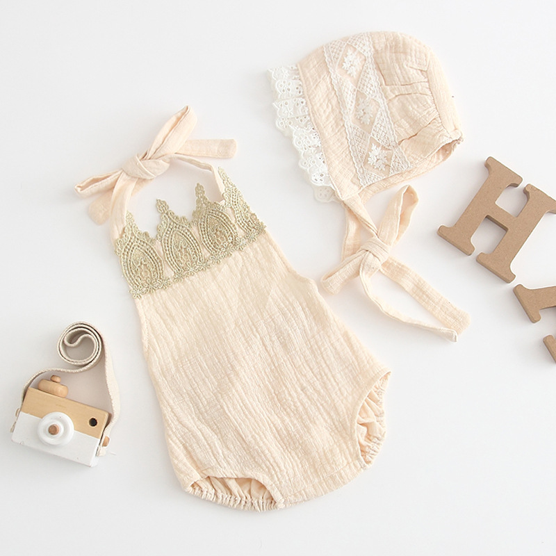 

Ins New cute summer infant Kids Sleeveless solid color Romper + hat baby Climb 100% cotton high quality romper, As picture