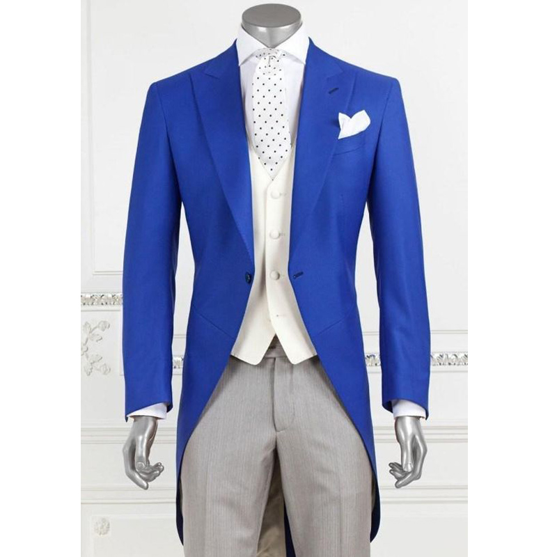 Three Piece Royal Blue Long Men Tailcoat for Wedding Prom Party Suit Peaked Lapel Custom Made Groom Tuxedo
