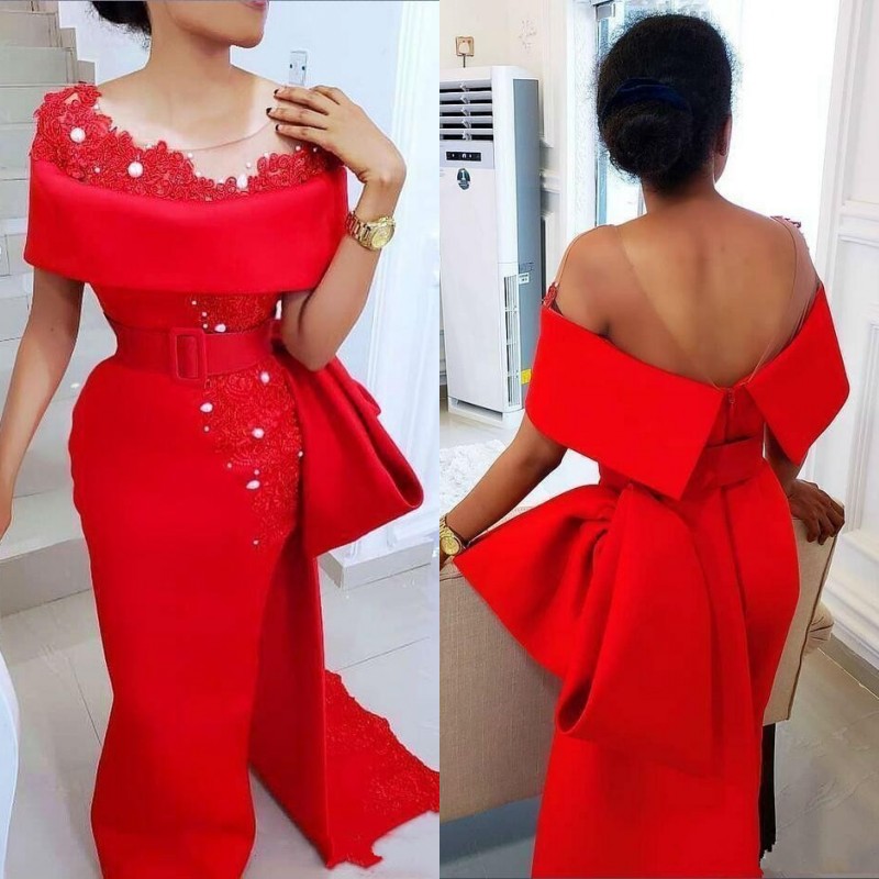 

Custom Made African Red Evening Prom Gowns Scoop Neck Illusion Lace Beads Sash Mermaid Formal Dresses With Bow, Champagne