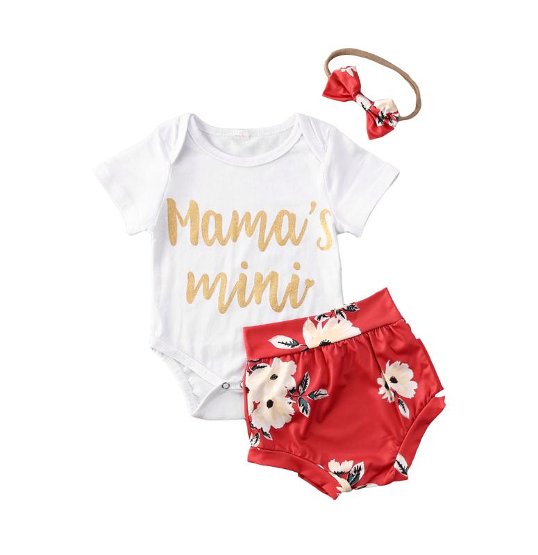 

3Pcs Baby Girls Mami Clothes Set Summer Kids Shorts Sleeve Romper + Floral Shorts Cotton Suits Outfits 0-18M, As pic