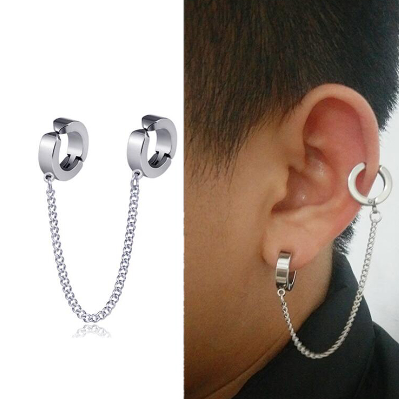 

No Piercing Chain dangle Cartilage Earrings Surgical Steel Ear Cuff With Chains Dangling Earrings clip for Men