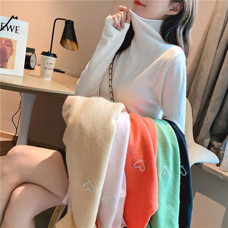 

Women Turtleneck Embroidery Heart Knitted Pullover Sweaters Autumn Embroideries Knitwear Bottoming Long Sleeve Elasticity Tops, Green
