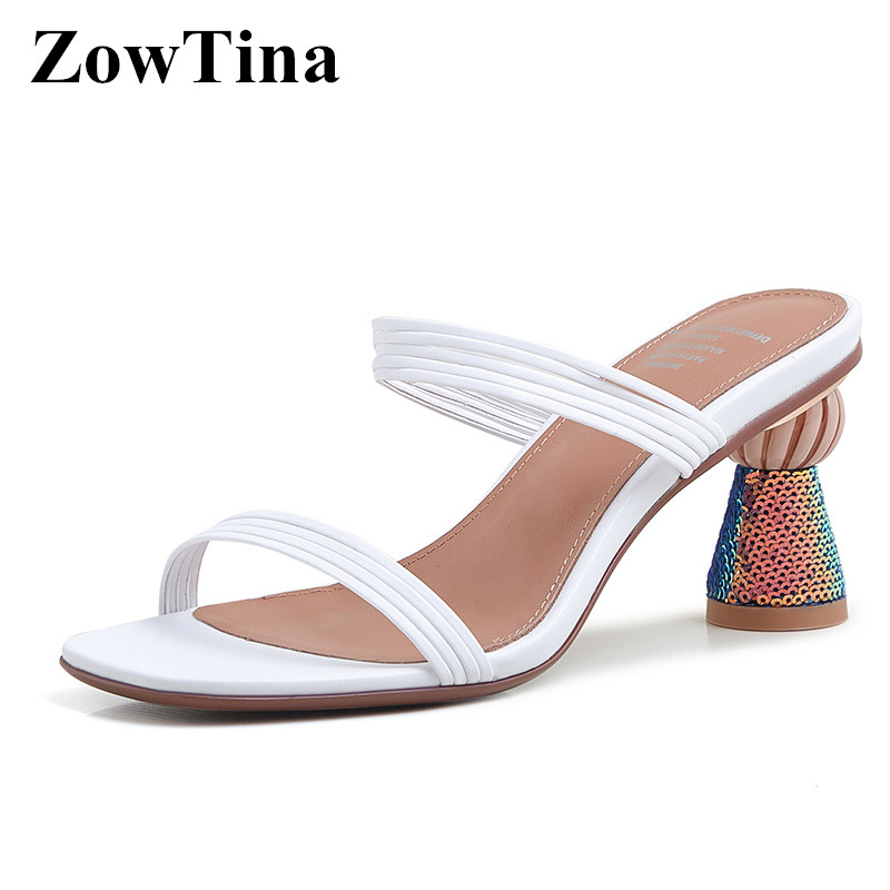 

Square Toe Slippers Women White Narrow Band Sandals Sequin Chunky 7cm High Heels Summer Shoes Prom Party Pumps Woman Sandalias, Black