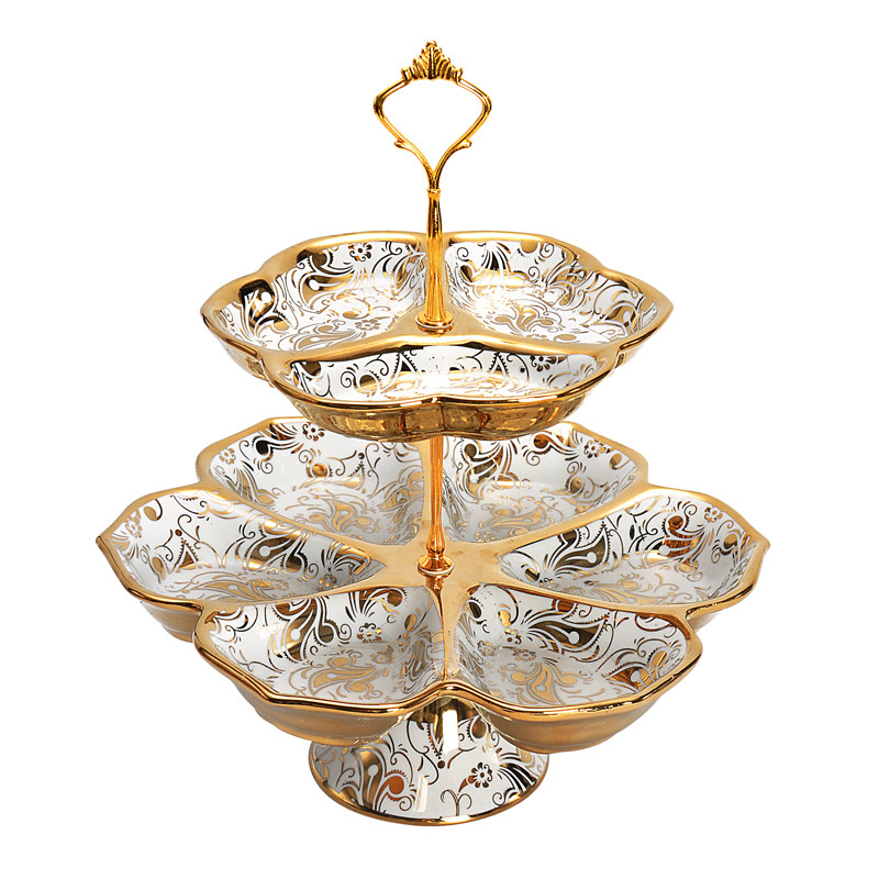 

European ceramic double fruit plate gold inlaid snack candy plate ceramic tableware decorative dessert display tray
