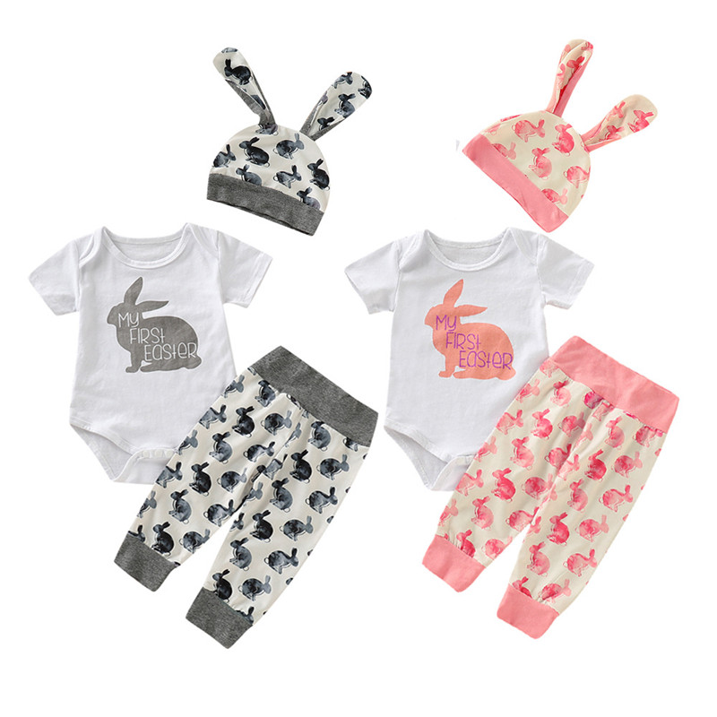 

Baby Girls Easter Outfits Rabbit Letter Printed Romper Tops Pants With Headband Sets Toddler Easter Clothing Sets
