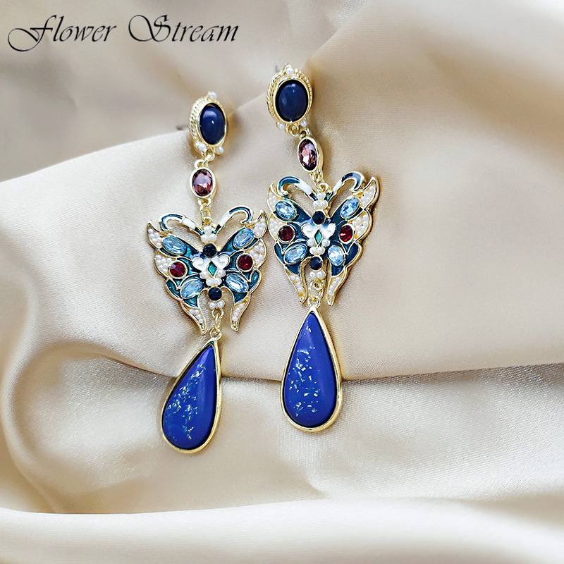 

chinese style face thin earrings atmosphere elegant retro long butterfly drop gemstone highquality earrings, Silver