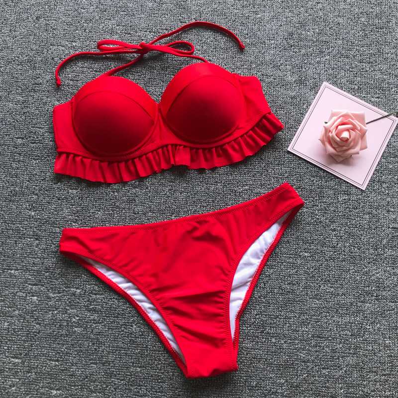 

2020 Push Up Bikins Red Swimwear Women Two-piece Swimsuit Ruffle Mini Bikini Set Biquini Solid Swimming Wear Beach Wear Bodysuit, Ly-zt9066