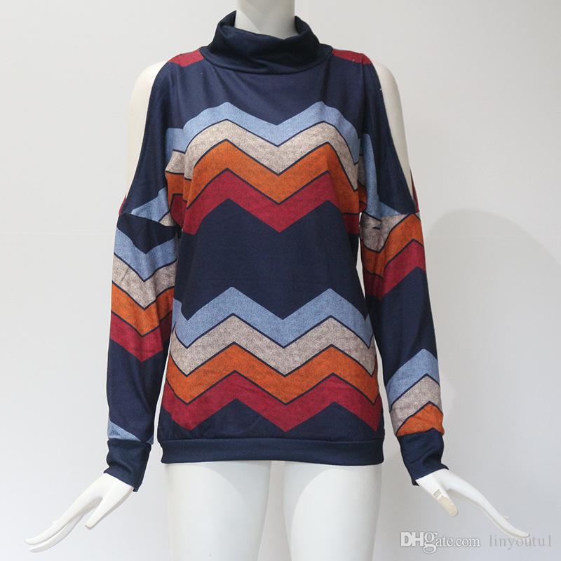 

2020 Women Blouses Sexy Cold Shoulder Tops Casual Turtleneck Knitted Top Jumper Pullover Print Long Sleeve Shirt, 5#