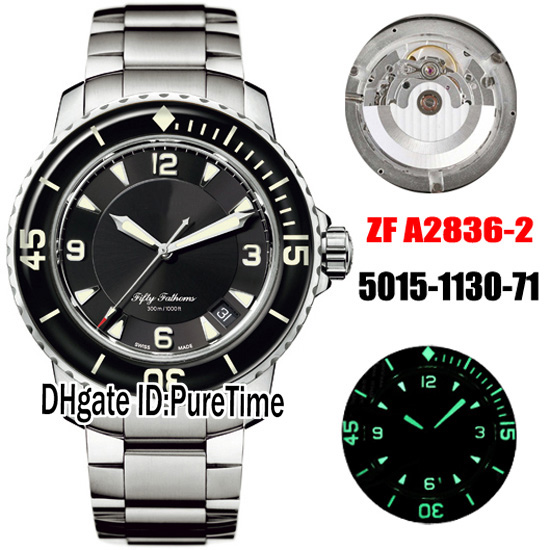 

New ZF Fifty Fathoms 5015-1130-71 ETA A2836-2 Automatic Mens Watch SS Black Dial Stainless Steel Bracelet Best Edition 50 Fathoms Puretime, Extra strap