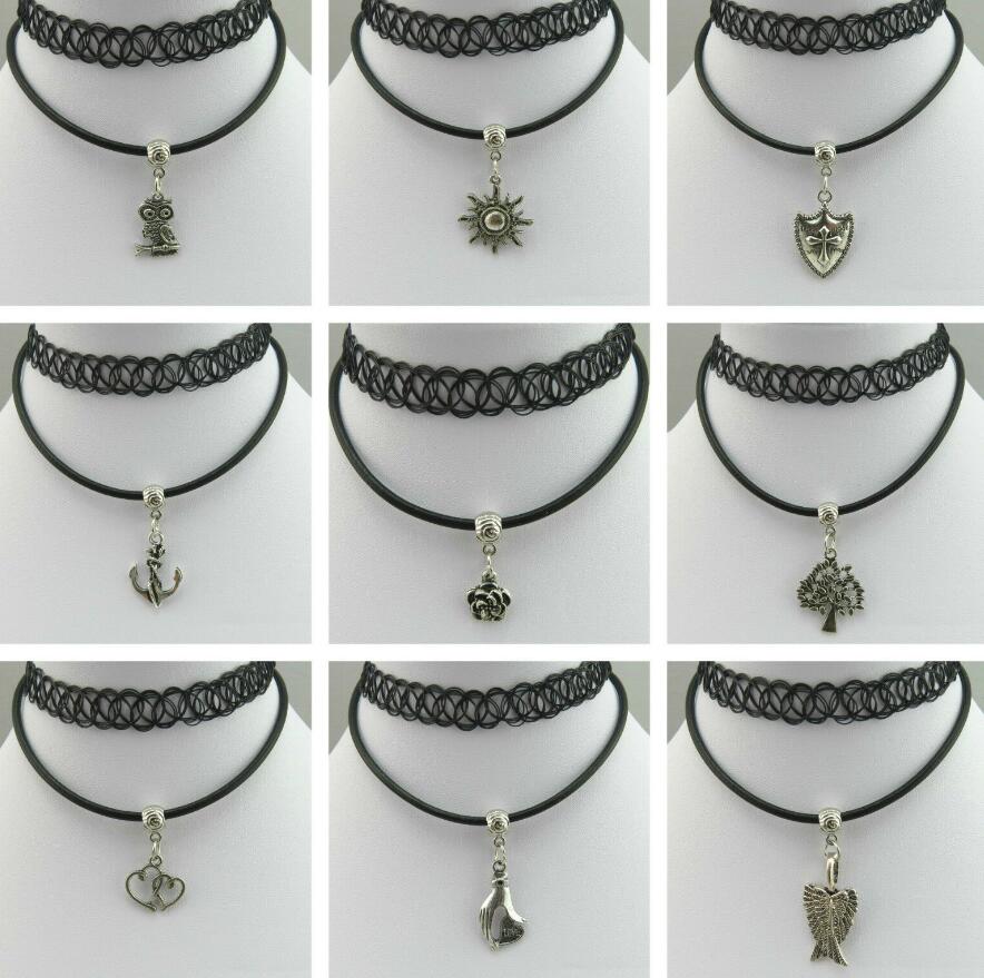 

HIPPY Black White Stretch Tattoo Choker &Real Leather Double Layer Necklace Elastic Line Punk Grunge Statement Necklaces Jewelry for Women