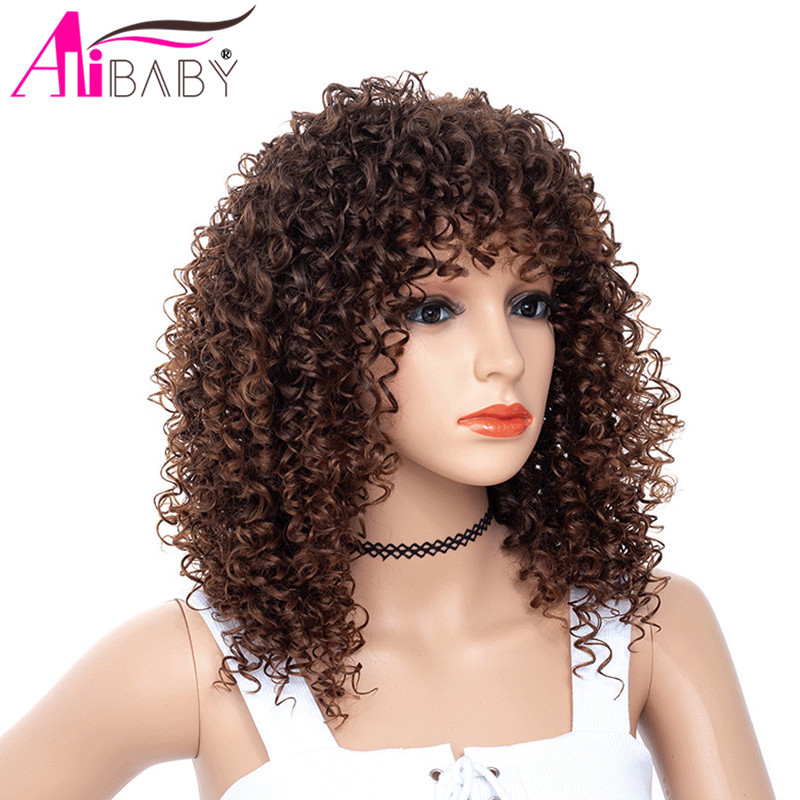 

Short Afro Kinky Curly Wig Synthetic Wigs Mixed Brown and Blond Heat Resistant Fluffy African American Hair Alibaby, Style1