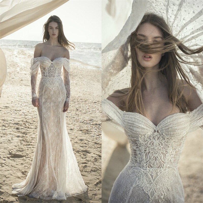 Robes de mariée sexy Boho épaule dénudée sans manches pleine dentelle appliquée robe de mariée sirène dos nu balayage train robes de plage De Mar