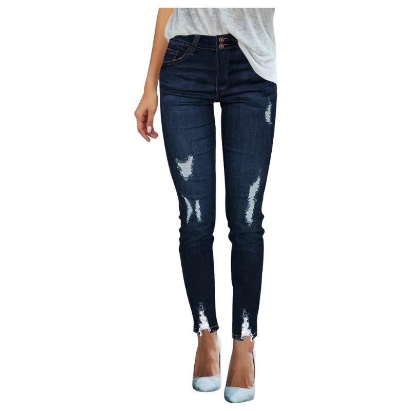 

New Design Casual Women Light Mid Waisted Skinny Hole Denim Jeans Stretch Slim Pants Calf Length Jeans, Blue