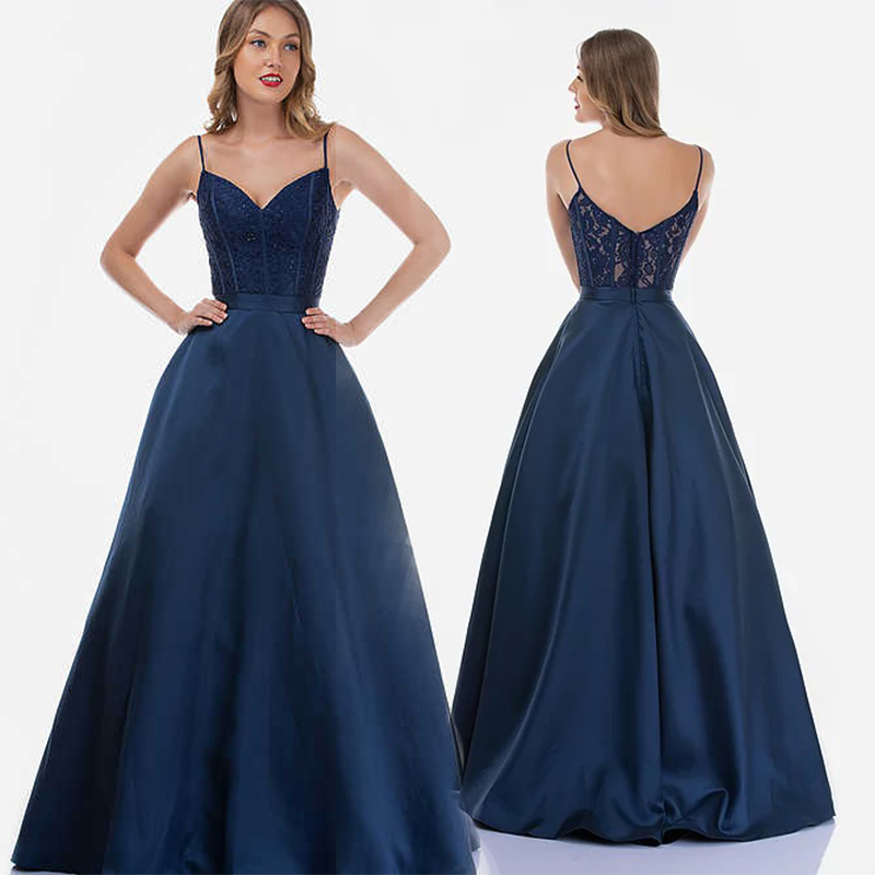 

Modest Navy Blue Elegant Nina Canacci A Line Prom Dress Spaghetti Sleeveless Lace Applique Party Dress Sweep Train robes de soirée, Same as picture