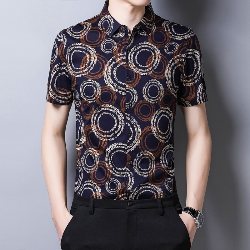 

C-3109 Exquisite ring 3d printing fashion casaul short sleeve shirt Summer New quality cotton smooth icy luxury men shirt -XXXL, As picture