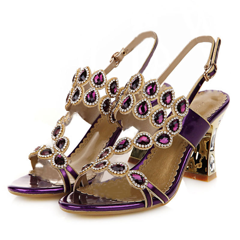 

High Heels Sandalia Feminina Sandals Open toed Shoes Fashion Elegant Thin Heels Crystal Set Genuine Leather Shoes Women, Brown