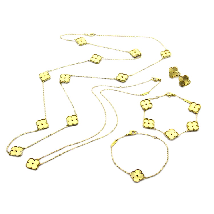 

Fashion Jewelry Sets Lady Titanium steel Motifs Grain Golden Four Leaf Flowers 18K Plated Gold Long Necklaces Bracelets Earrings 2 Color, Silver