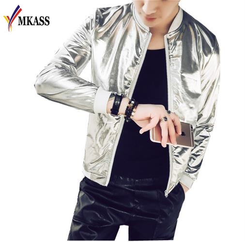 

2018 Men Bomber Jacket Fashion Slim Fit Sun Protection Clothing Silver Jackets Mens Plus 5XL Stage Thin Windbreaker Jacket