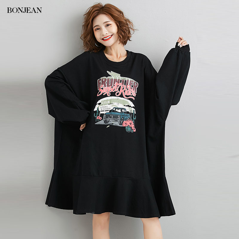 

Kawaii Women Spring Dress Loose Letter Car Printed Loose Long Sleeve Vintage Dresses Plus Size Cotton Casual Dress Vestidos 2020, Black