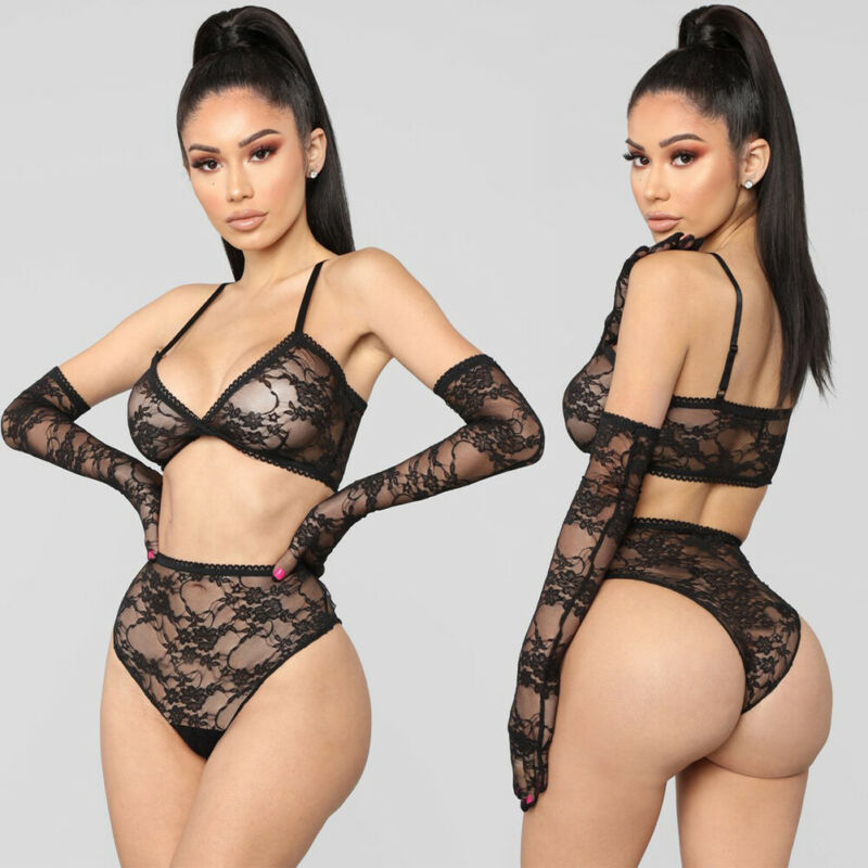 

Womens Sexy Lingerie Babydoll Lace Bra Set G-string Panty Underwear Nightwear, Black