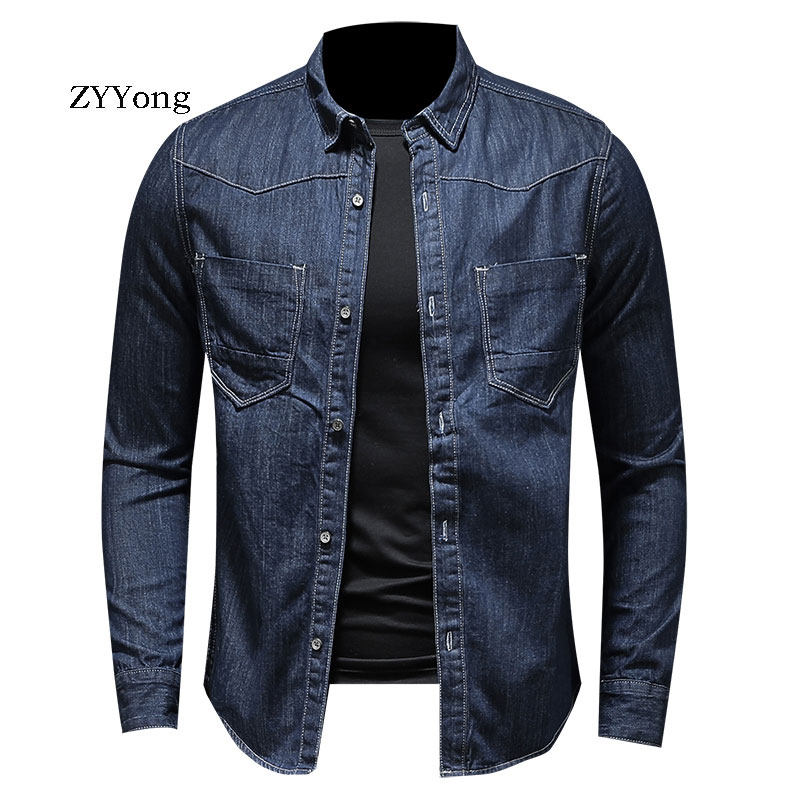 

ZYYong Men's Fashion Blue Long Sleeve Denim Shirt High Quality Motorcycle Casual Trend Soft Comfortable Long Sleeve Men's Shirt