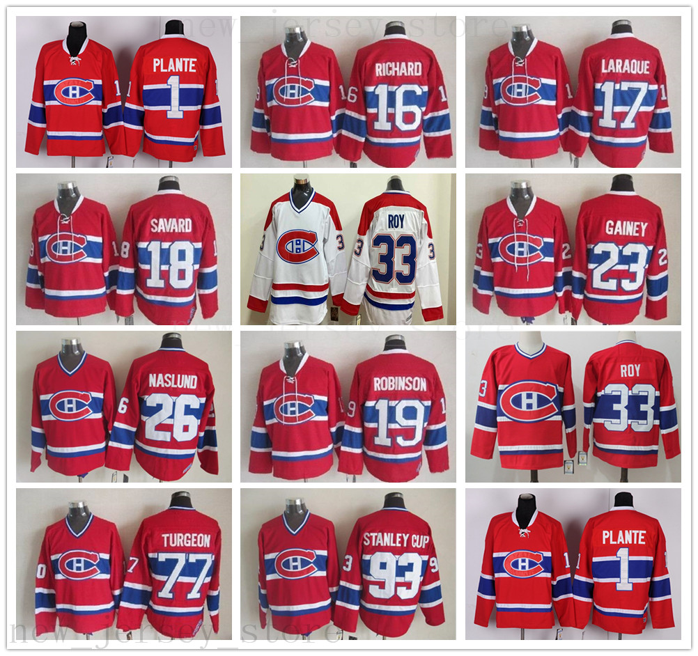 

Vintage CCM Stitched Ice Hockey 1 Jacques Plante Jersey 16 Henri Richard 17 Georges Laraque 18 Serge Savard 19 Larry Robinson Jerseys, As picture