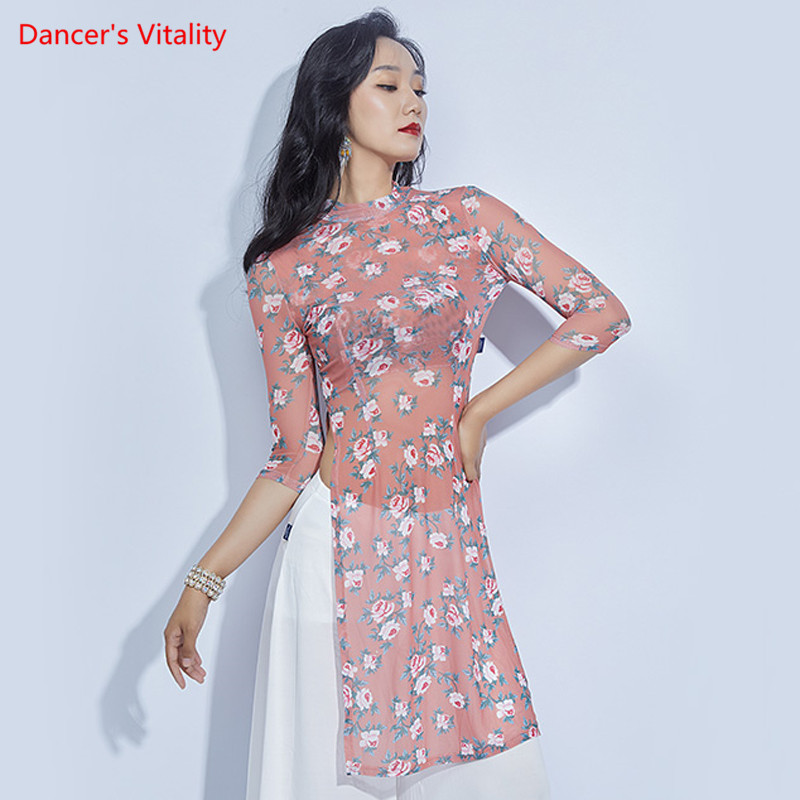 

Belly Dance Female Adult Elegant Top Practice Clothes New modern Dancewear Split Floral Sleeves Profession Training Shirt, As picture