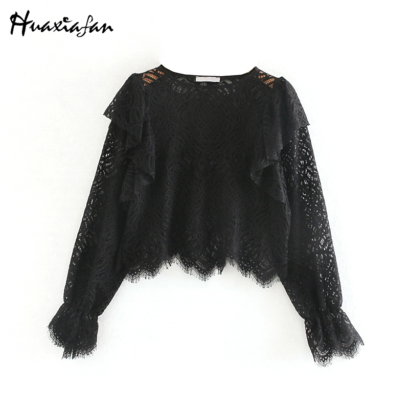 

Huaxiafan lace blouse women sexy shirts transparent ruffles blouse female chic tops black lace embroidery flare sleeve