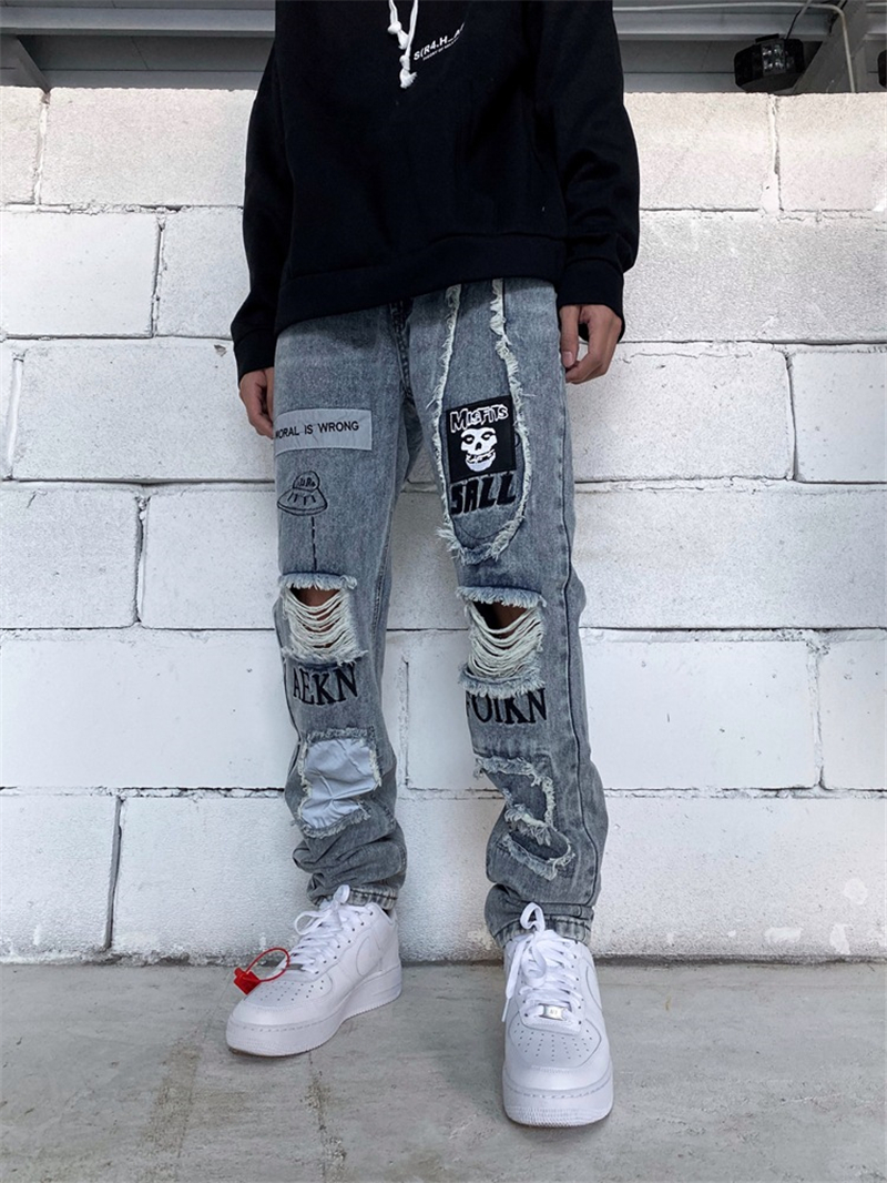 

Spring Mens Patch Hole Jeans Letter Printed Applique Fashion Male Trousers Reflective Zipper Fly Solid Boys Streetwears, Blue