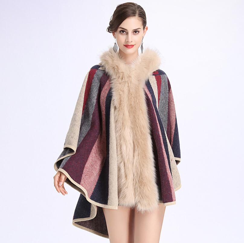 

Europe 2019 autumn winter new Faux Fox Fur Collar Striped Hooded Cape Cloak coat women fashion Knit cardigan Outerwear w688, Khaki