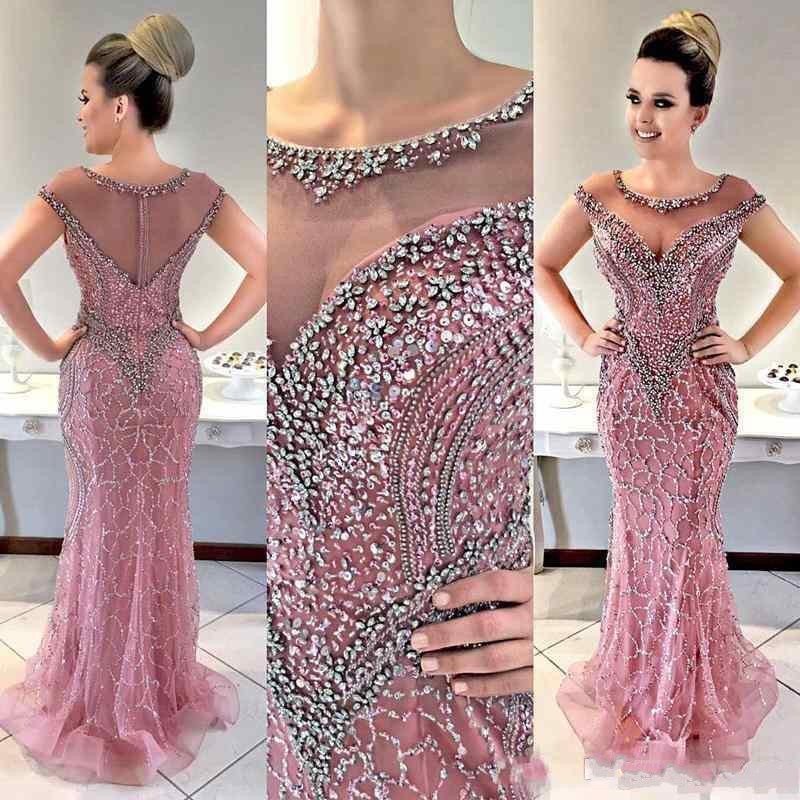 

2020 Luxury Arabic Mermaid Evening Dresses Jewel Beading Crystal Illusion Cap Sleeves Zipper Back Sweep Train Plus Size Prom Party Gowns, Brown