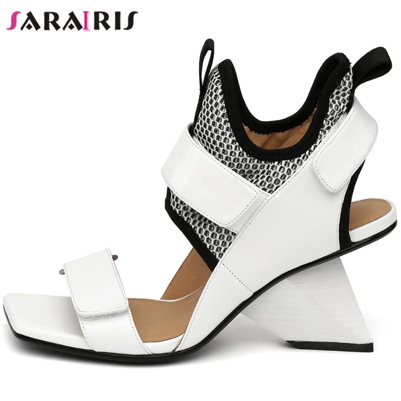 

SARAIRIS New Female Genuine Leather Solid Fashion Summer Sandals Women 2020 Open Toe Hook Loop Stange Style Shoes Woman, Black
