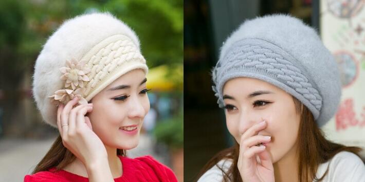 

2020 Hot sale Women Hat Flower Beret fashion Faux Fur Beanie Knitting Hat Crochet Winter Hat Snow Warm Slouchy Beanie Skull Cap, Red