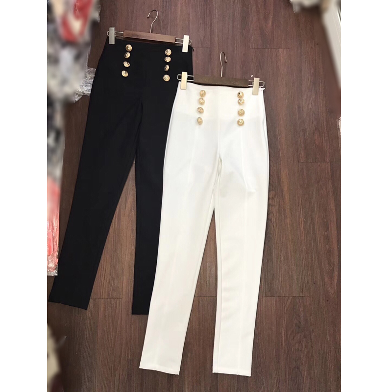 

10.19 2020 Autumn Winter New women High quality fashion Double breasted High waist slim pencil small Feet pants, Black