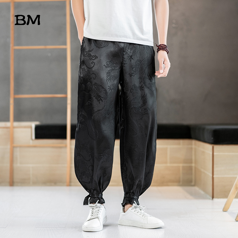 

Summer Casual Trousers Loose Large Size Sports Pants Thin Harem Pants Fashion Dragon Jacquard Running Male Joggers Men, Black