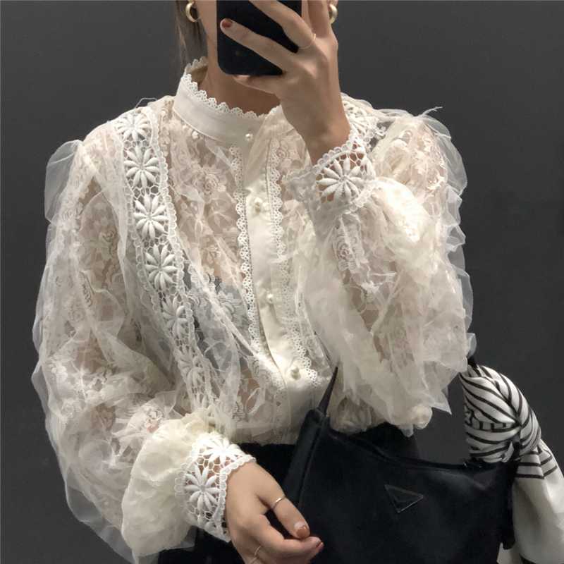 Korean Vintage Long Sleeve Shirt Women Lace Stitching Stand Collar Pearl Button Loose Blouse Women Tops Blusas Mujer