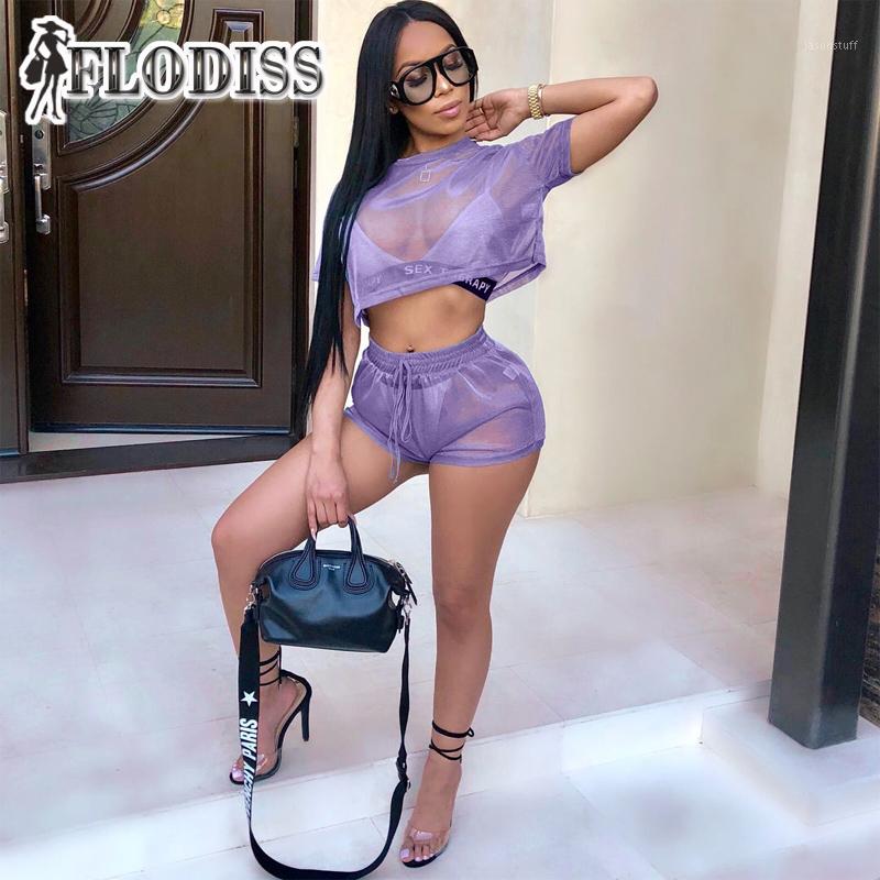 FLODISS Femmes Sexy Voir à travers la maille 2 pièces Ensemble Club Wear Summer O-Cou Crop Top + Shorts Vêtements de fête Discothèque Clubwear1