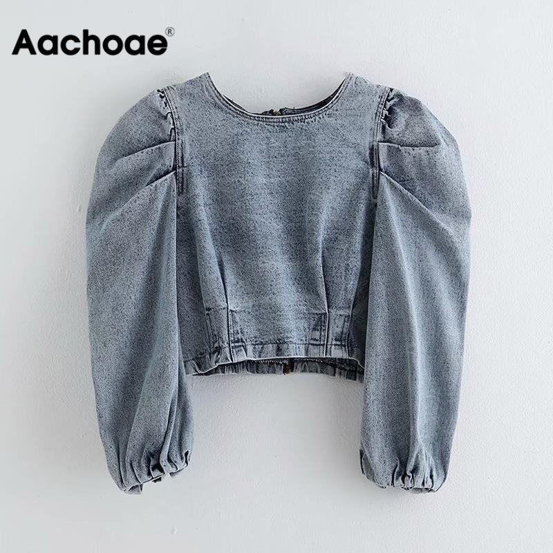 

Aachoae Puff Sleeve Denim Blouse Women 2020 Vintage O Neck Pleated Short Blouse Shirts Female Back Zipper Chic Crop Tops Blusas, Blue