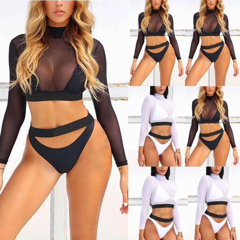 

Sexy Women' Chiffon Swimwear Two-Piece Suits Bikini Summer Beach Long Sleeve Solid Female Biquini Bathing Suit Swimsuit