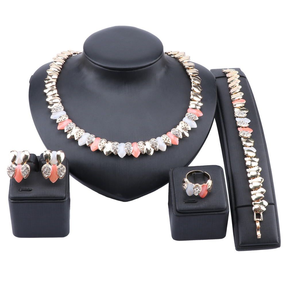 

African Jewelry Set Women Luxury Dubai Gold Colorful Necklace Earring Ring Bracelet Bridal Party Jewellery Set