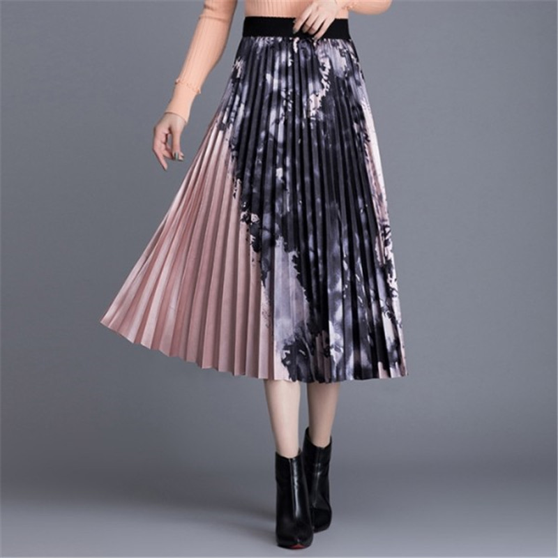 

2020 Summer Women Fashion Ink Painting Printing Pleated Long Skirts Temperament Womens High Waist Casual Skirt Vestidos, Picture color