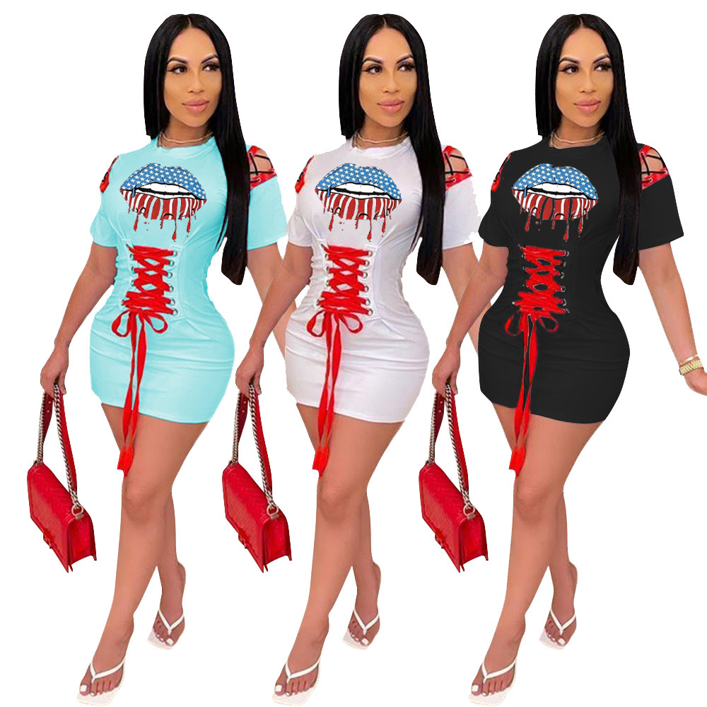 

Women Dress Lace Up Lips Print High Waist Bodycon Midi Dress Sexy Club Party Night Pencil Short Sleeve Casual Mini Dresse, Black;gray