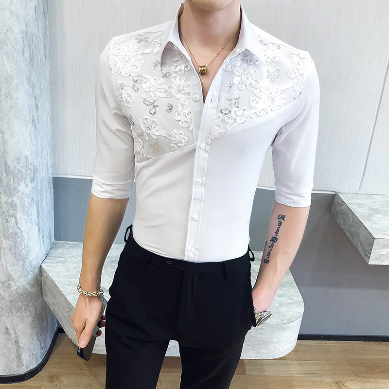 

British Style Summer Sexy Lace Shirt Men Fashion 2020 Streetwear Half Sleeve Men's Social Shirts Slim Fit Casual Prom Tuxedo 3XL, White