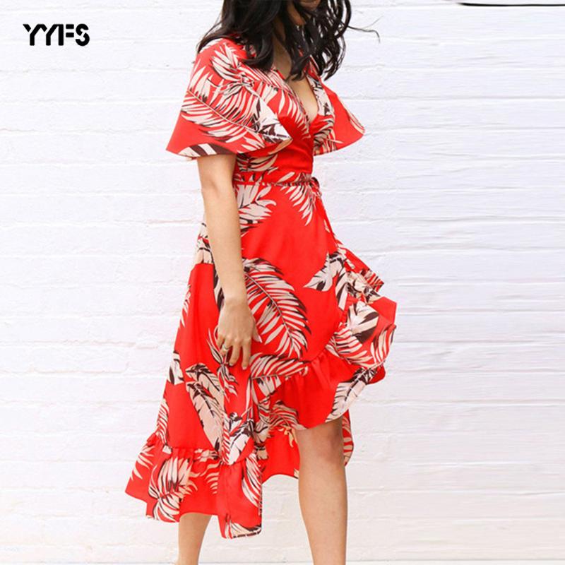 

Sexy V-neck Women Midi Dress Irregular Leaf Print Green Red Short Flare Sleeve Chiffon Lady Dresses Holiday Boho Woman Sundress, Red dress