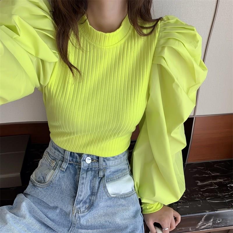 

New 2019 Patchwork Knitting Women's Sweaters O Neck Puff Sleeve Ruched Streetwear Female Sweaters Autumn Fashion, Black