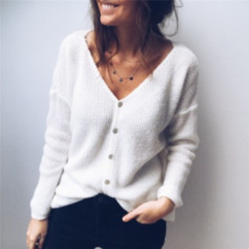 

Autumn 2019 Female Sexy Deep V Neck Cardigan Sweater Coat Long Sleeve Knitted Sweater Female with Button Computer Knitted Casual, White