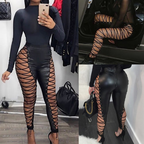 

Wholesale-2018 New Sexy Womens Black Leather Lace Up Skinny Pencil Pants Summer Clubwear High Waist Hollow Bandage Stretch Slim Trousers, As pic